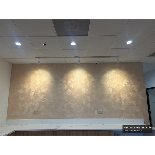 Abstract Art SZT-0139 on the wall behind a gym front reception desk, lit by three spotlights