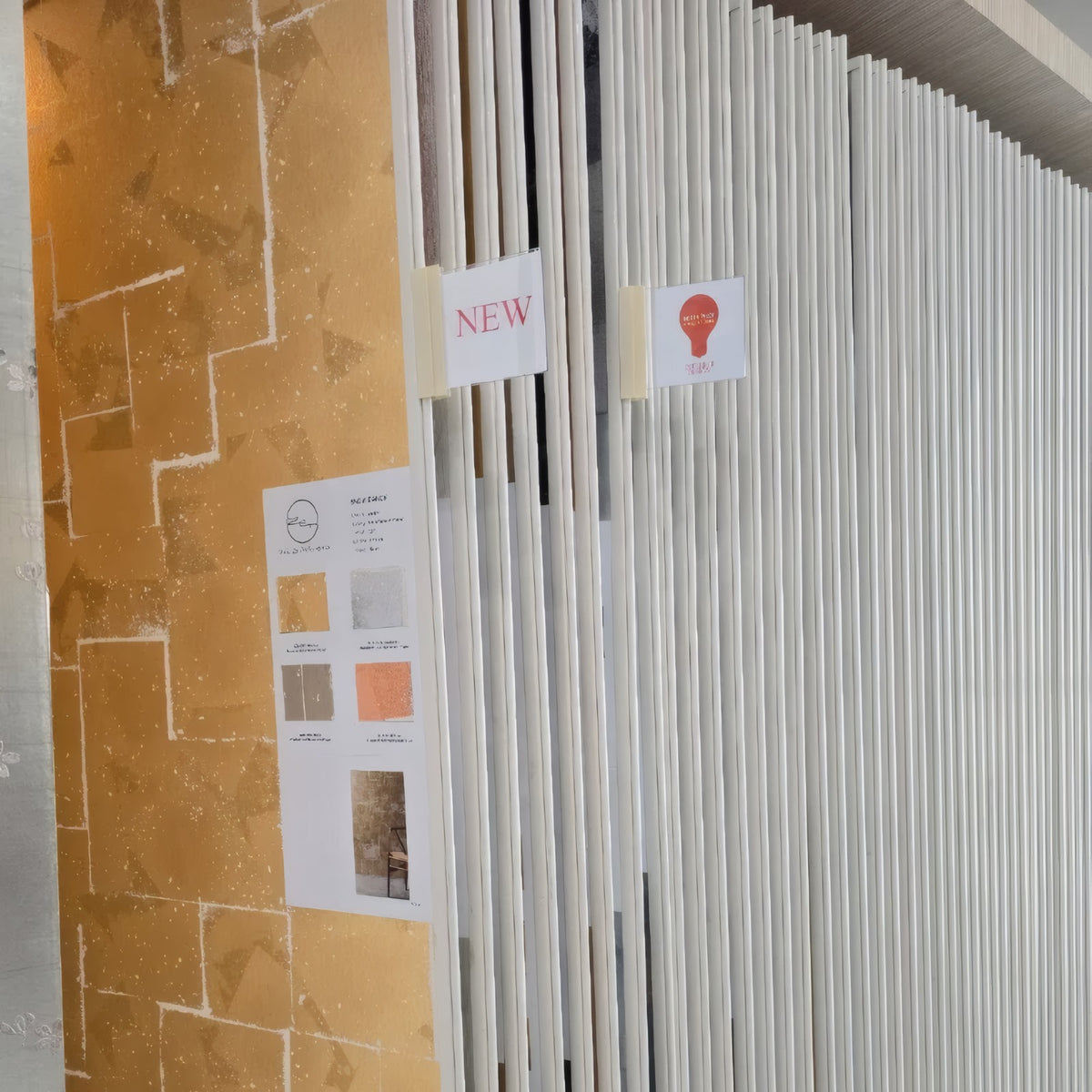 Wing displays of metal leaf wallcovering in the Studio Zen Wallcoverings showroom, Decoration & Design Building, New York